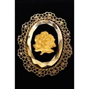 Vintage Rose Pin Brooch Heavy Glass Black Cut Carved Brushed Gold 1980s BinAL